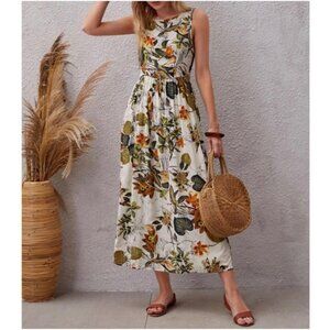 Boho Floral Tropical Print A-Line Midi Dress